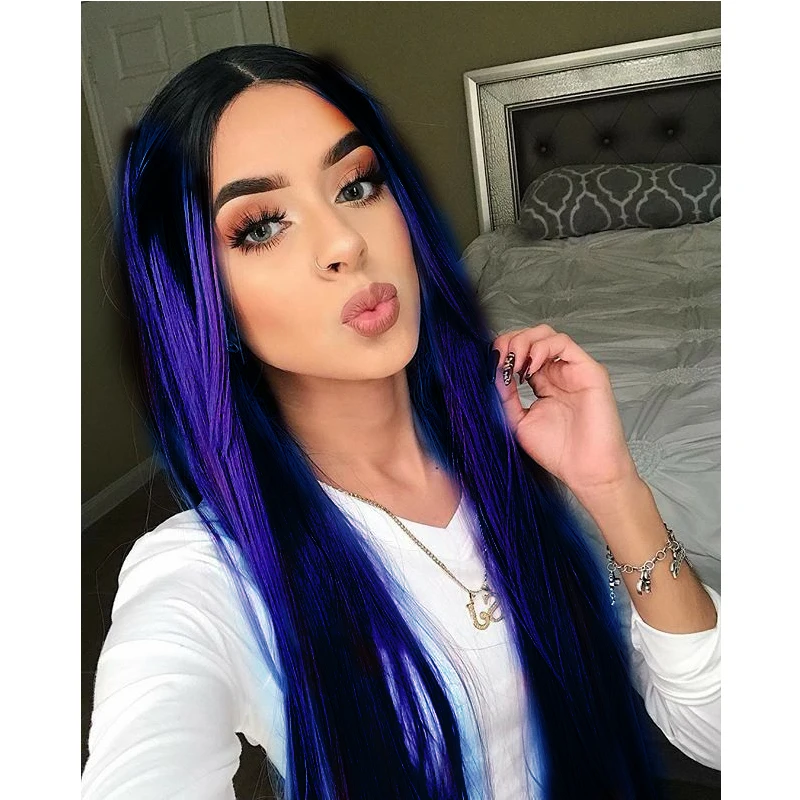 Ombre Red Wig Lace Front Wigs for Women Long Straight Red Synthetic Hair Wig Cosplay Dark Blue Green Neon Green Brown Orange Wig