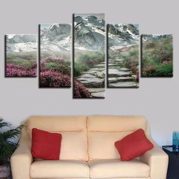 

HD image Print 5 modular posters of mountain flower road landscape paintings in an artist decorated bedroom on canvas