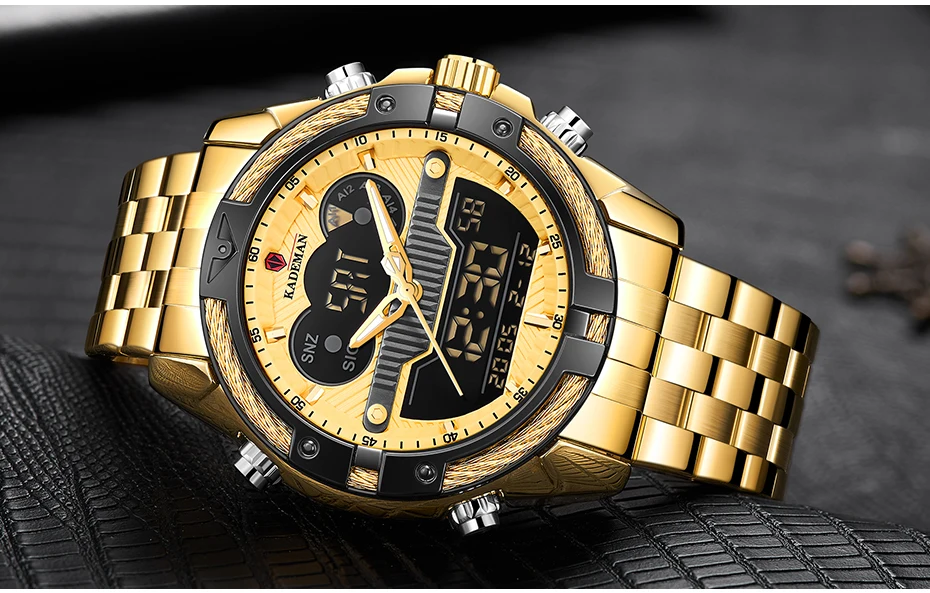 KADEMAN Gold Watch Men Dual Display Wristwathes Stainless Steel Digital Quartz Sport Men's Watches 2021 Luxury Brand Waterproof