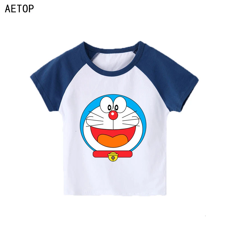 Футболка с короткими рукавами для мальчиков и девочек с принтом «Doraemon» детские топы с круглым вырезом, Детская футболка с рисунком одежда для малышей