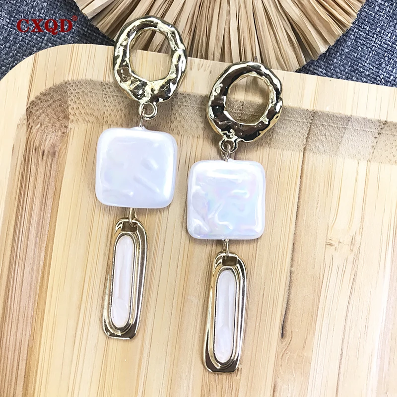 

CXQD New Fashion Vintage Gold white Shell Drop oil Square Earrings For Women Long Dangle Ear Smart Jewelry Graceful Classic Gift