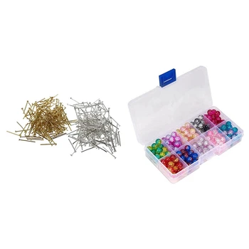 

400-Piece Silver/Gold Mix Head Pins for Jewelry Making(18mm) with Transparent Cracked Glazed Glass Beads