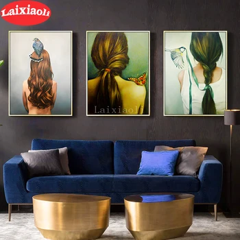 

Flowers Bird Feathers Woman Abstract Art 5D Diy Diamond Painting Cross Stitch full Square round Diamond Embroidery 3 pcs decor