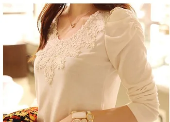 

Women New Long-sleeved Lace Shirt O-Neck Slim White Female Fashion Blouse ！ ！ ！