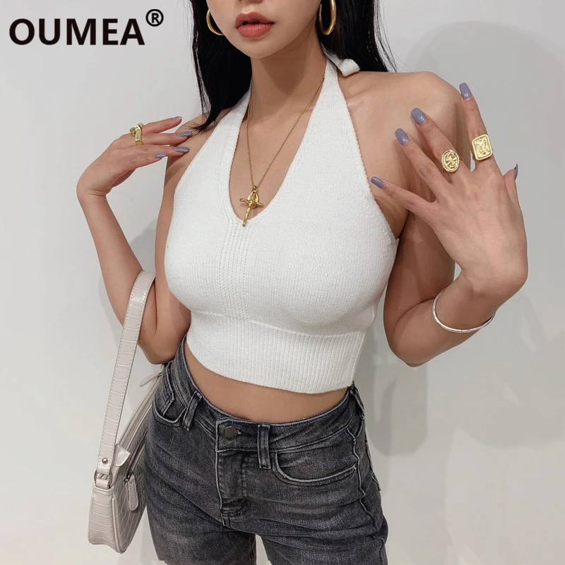 

OUMEA Women Summer Knitted Tank Tops Halter V Neck Feminine Knitted Camis Backless Vintage Cropped Women Going Out Tank Top