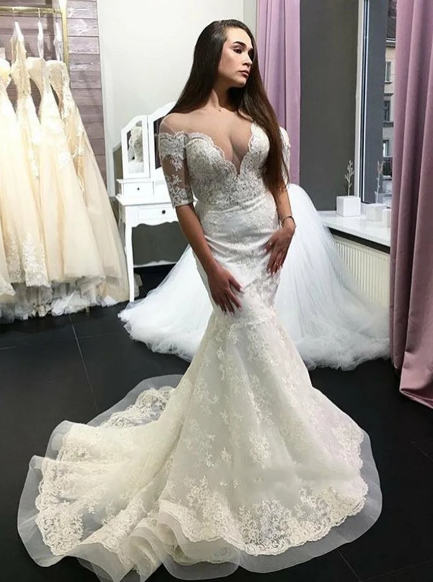 Свадебное платье размера плюс Воротник Sheer Jewel пол рукав сексуальное Русалка свадебное платье с кружевной аппликацией длина до пола дизайн клиента