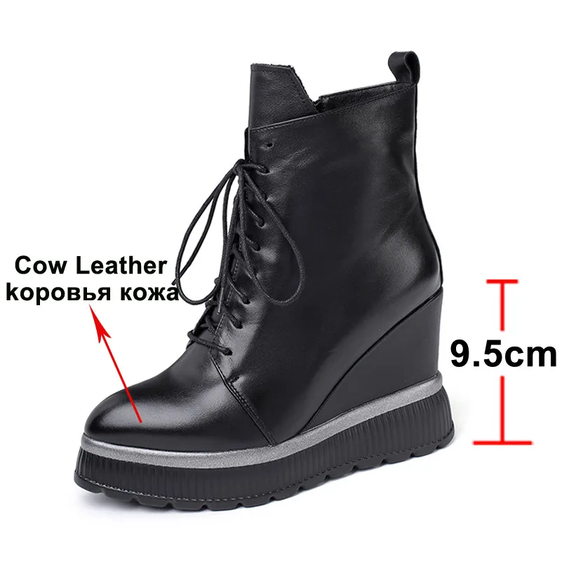 ANNYMOLI Winter Ankle Boots Women Natural Genuine Leather Platform Wedge Heel Short Boots Zipper Super High Heel Shoes Lady 4-10