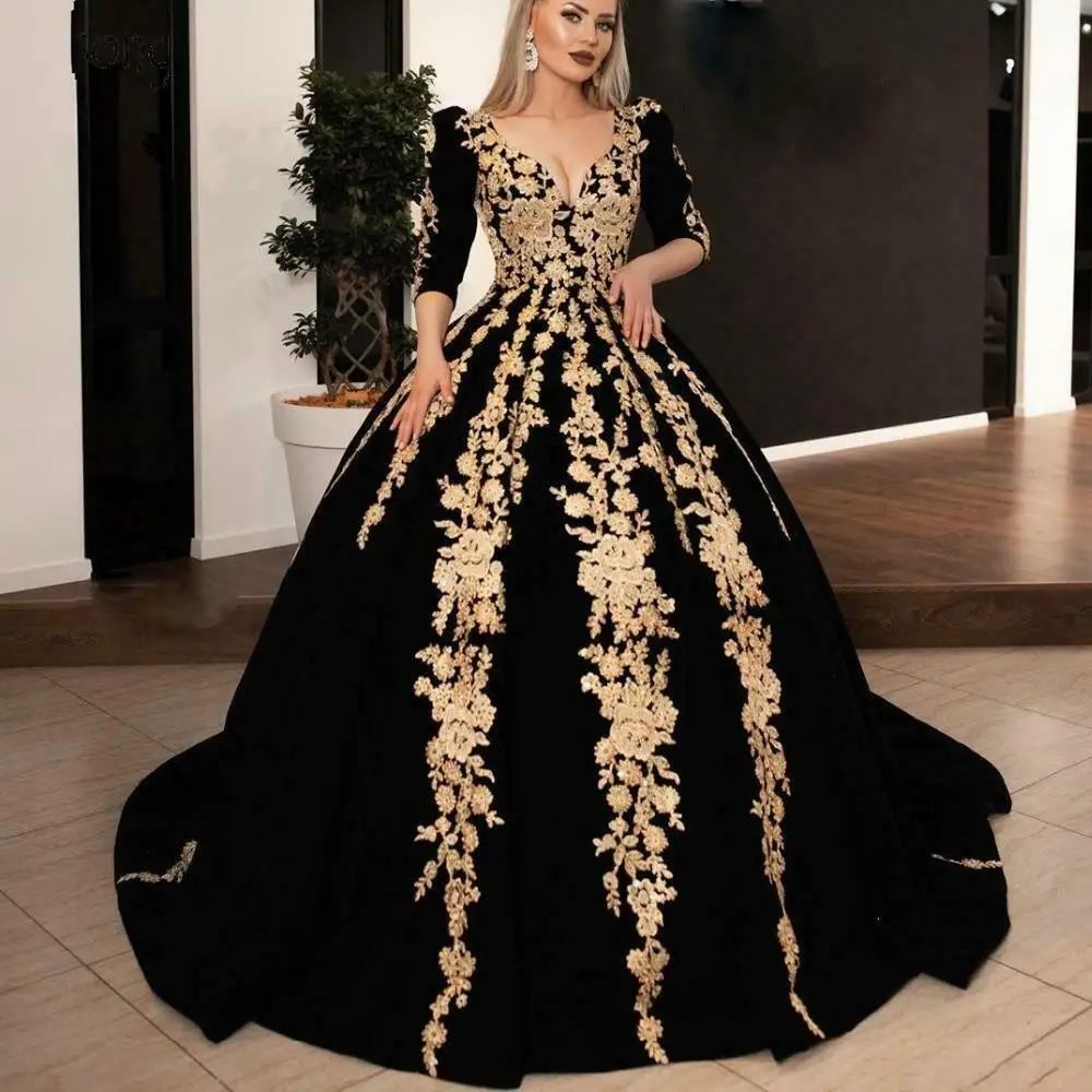 Luxury Black Velvet Gold Lace Appliques 
