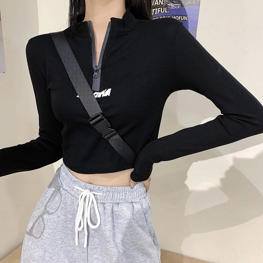 

Rosetic Women Sexy T-Shirt Japan Korea Fashion Simple Hip Hop Letter Print Short Top Long Sleeve Slim Tee Young Girl Autumn New