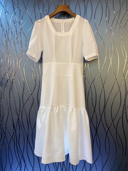 

2020 Spring and Summer New Women's Peter Pan Collar Zipper Decorations Lotus Leaf Swing Solid Color Short-Sleeve Dress 603