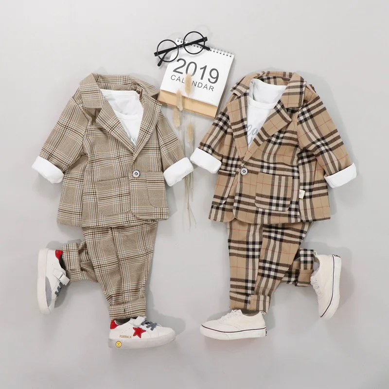 

New 2019 Male Baby Autumn Outfit Checked Dress Substituting Three-piece Suit Formal Full Plaid Single Breasted Freeshipping