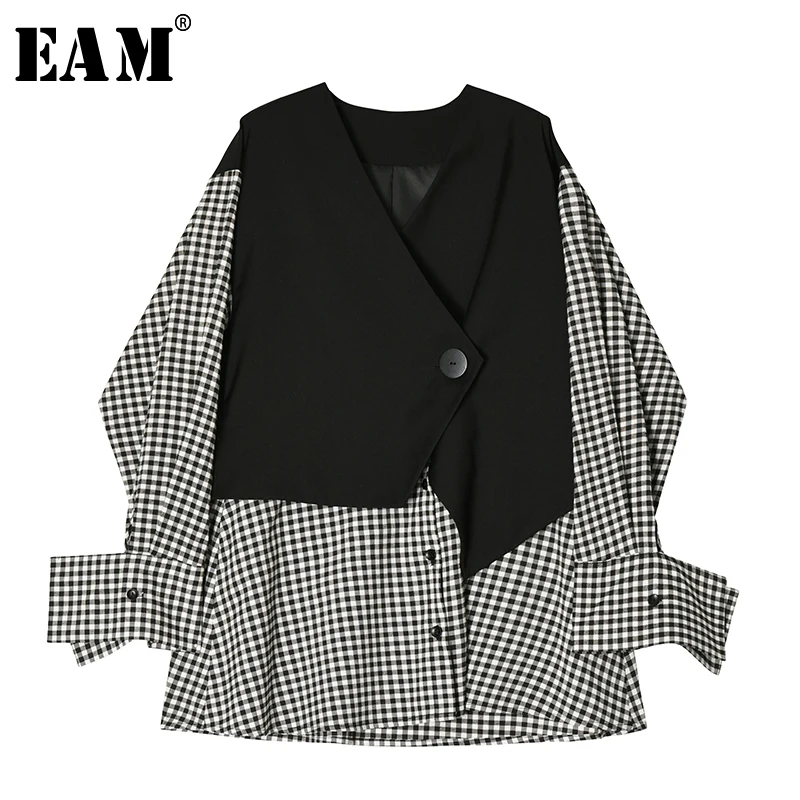 

[EAM] Loose Fit Black Plaid Stitch False Two Jacket New Round Neck Long Sleeve Women Coat Fashion Tide Autumn Winter 2019 1B557