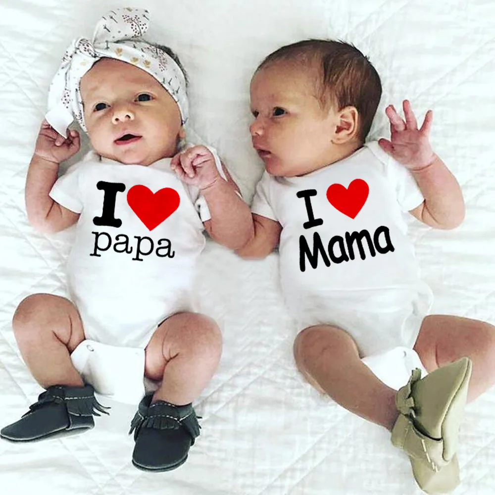 С надписями I Love Mama и Papa Печать новорожденных BabyRomper близнецов братьев сестер