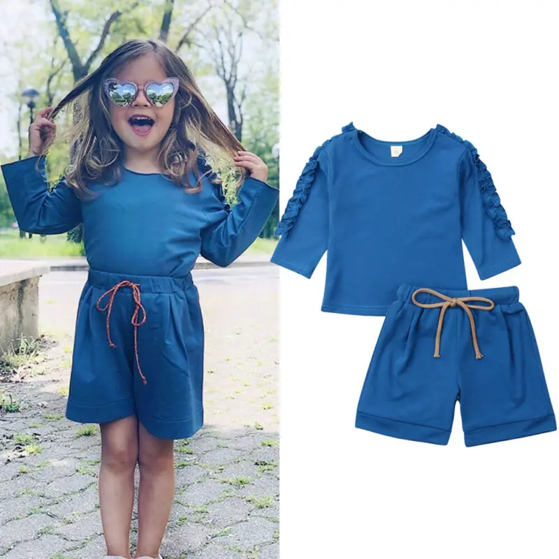 

1-6Y Toddler Baby Girl 2PCS Cotton Clothes Set Blue Ruffles Long Sleeve Tops Pants Outfits Autumn