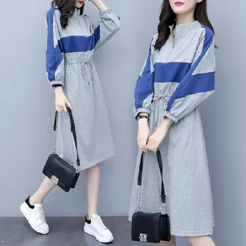 

Plus Size Dress Women Waist Patchwork Zipper Color Matching Long Sleeve Casual Dress Ladies Autumn New Fashion Loose Dresses W