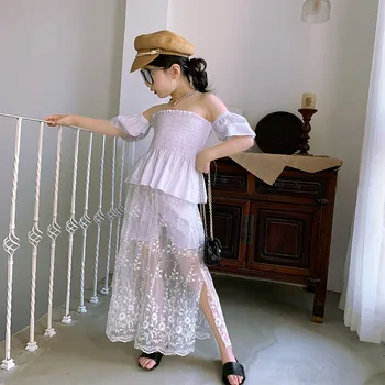 

Baby Girls off-the-Shoulder Suit 2020 Summer New Korean Children's off-Shoulder Shirt Mesh Stitching Culottes Two-Piece Set