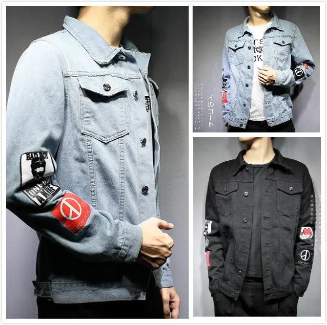 

Men's Jeans Spring Autumn New European Code Fashion Men's Printing Hole Denim Jackets Men's Tide Brand Armband Print Jacket