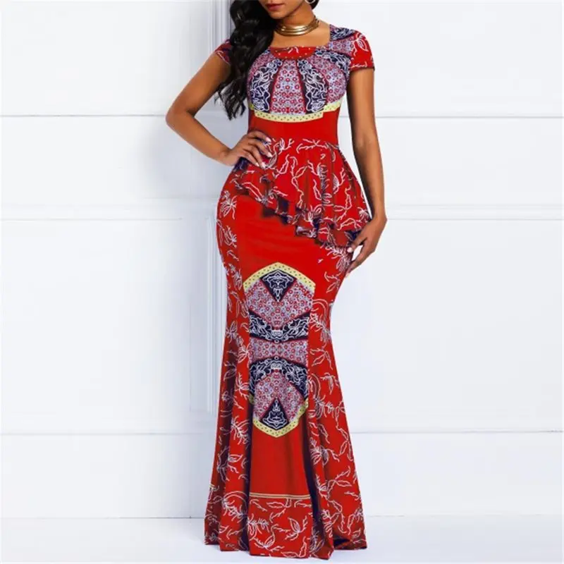 Women Maxi Dresses Casual Elegant Red Party Mermaid Square Neck Ethnic Print African Female ankarastyles Plus Size Dress | Женская