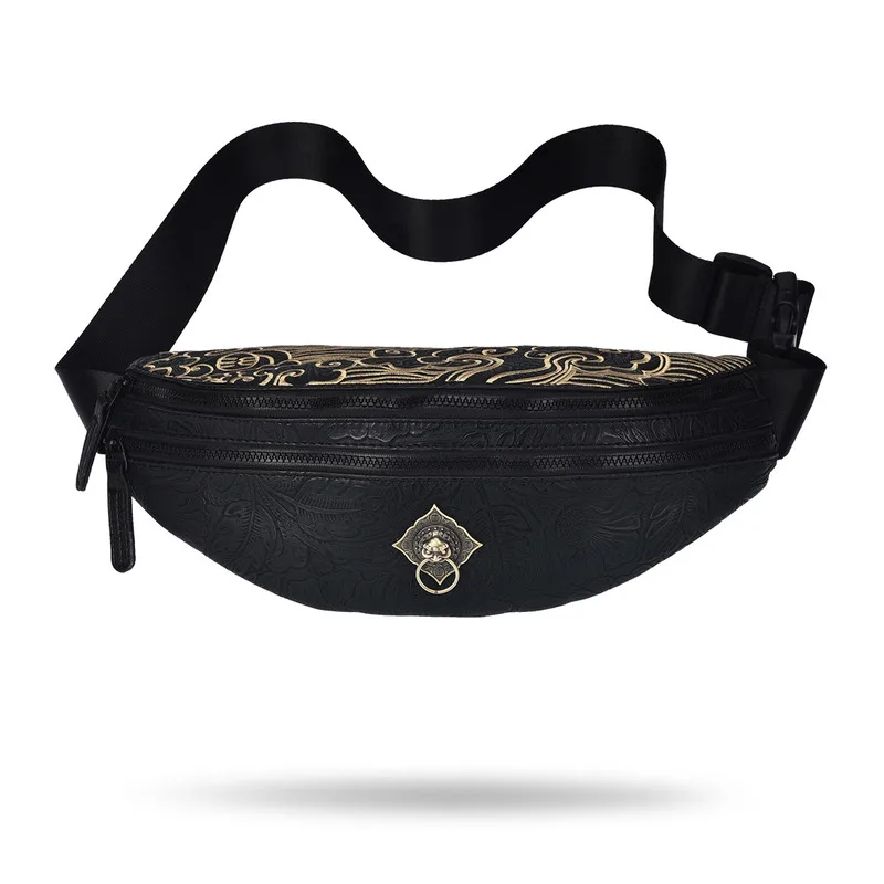 Китайский стиль ПВХ Мужская Черная поясная сумка голова льва маленькая поясная сумка для женщин Повседневная поясная сумка винтажный цветочный узор поясная сумка