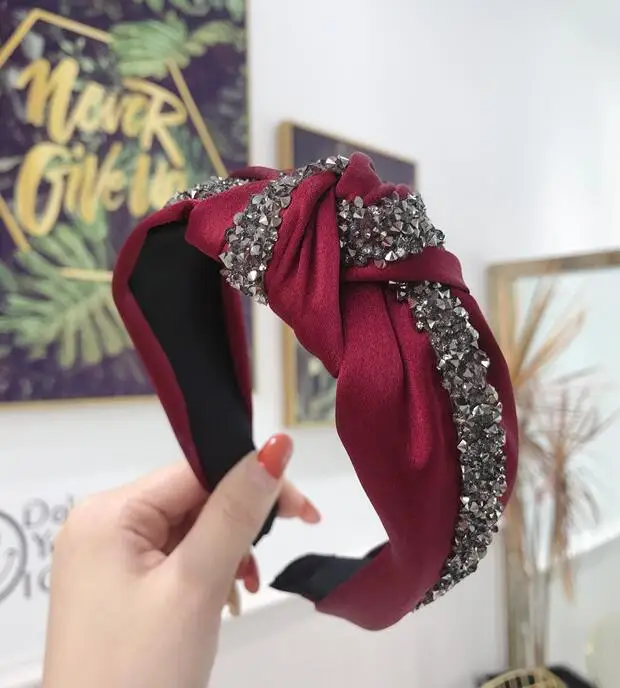 Fashion Shining Rhinestone Hairband Headband Women Wide Side Headwear Solid Casual Headwear Turban Hair Accessories Wholesale - Цвет: red wine hairband