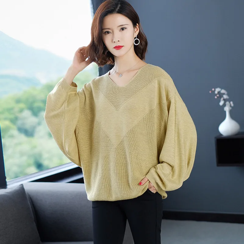 

LANMREM Yellow V-neck Bat Long Sleeve Knit Loose Plus Woman Wool Sweater Casual Simple Fashion 2019 Autumn Winter New TD083