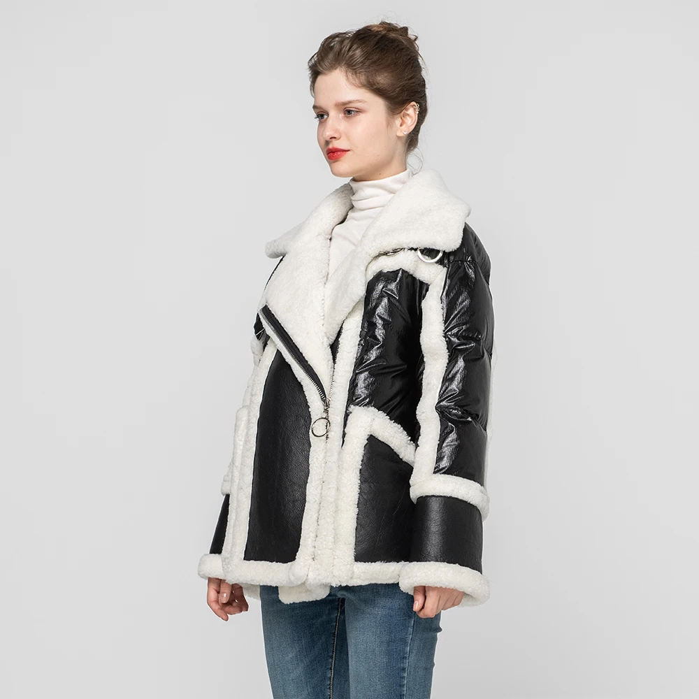 Женское модное Стильное пуховое пальто, пальто с натуральным мехом ягненка, белый утиный пух, зимнее толстое теплое двустороннее кожаное пальто, Новое поступление S7520