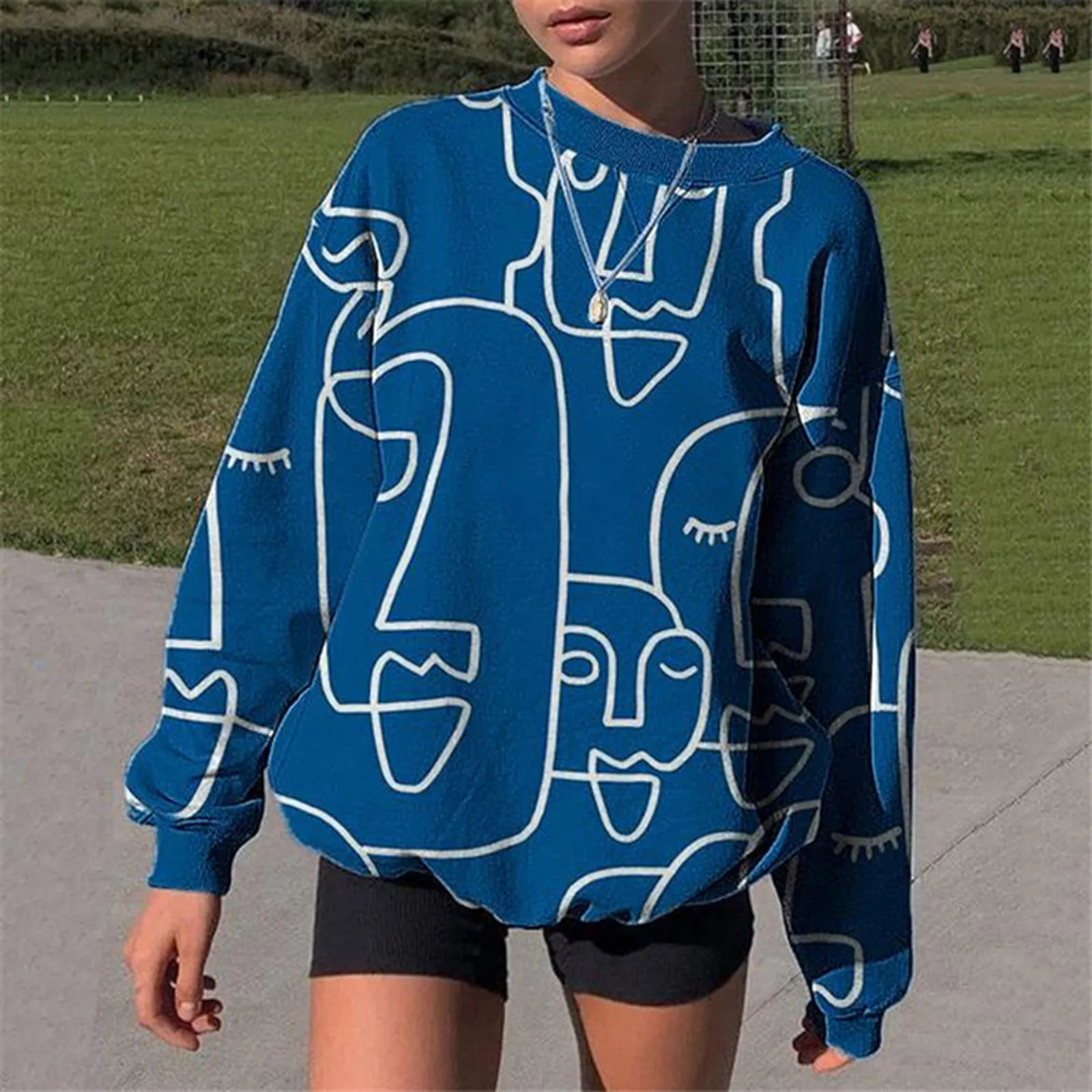 Y2k Hoodies Women Loose Long Sleeve Abstract Face Print Pullover Tops