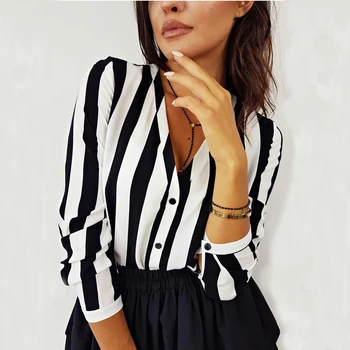 

Womens Summer Striped Fashion Tops and Blouses Elegant V Neck Blouse Loose Harajuku Shirt Ladies Tunic vintage camisa feminina