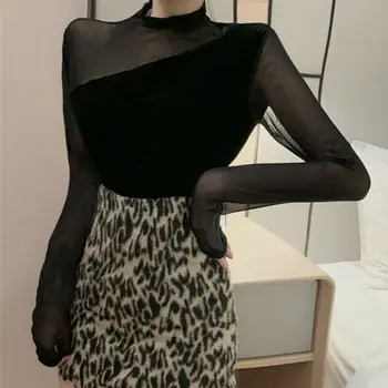 

2020 New Women Sexy Long Sleeve Shirt Female Black Turtleneck Mesh Slim Tops Blouse Tunic Ladies Party Casual Thin Top