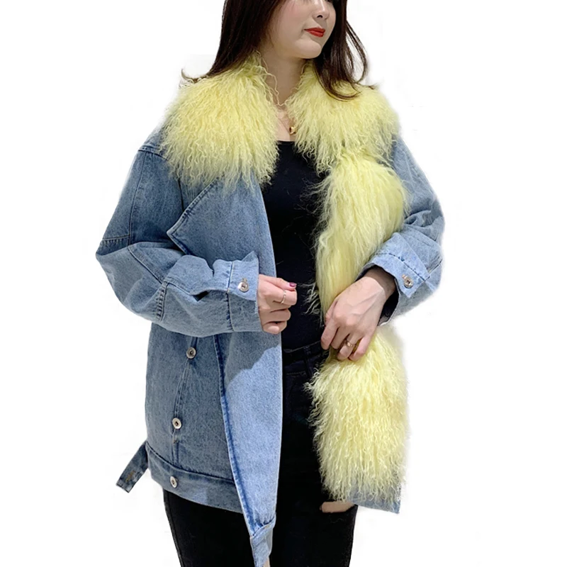 Winter Women Denim Down Jacket 2019 Fashion Snow Clothing Mongolia Sheep Fur Collar Long Sleeves Pa