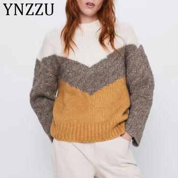 

YNZZU Hit Color Wool Knitted Sweater 2020 Winter Casual O Neck Long Sleeve Female Pullovers Pull Femme Jumper Streetwear AT433