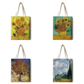 

Van Gogh oil painting ladies shoulder bag cotton and linen shopping bag tote bag high quality foldable handbag