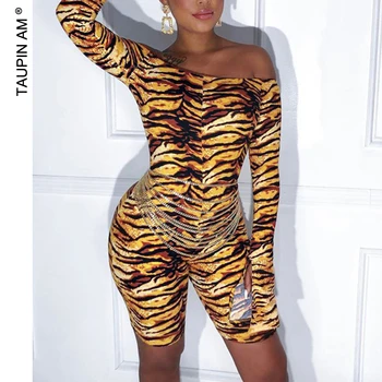 

TAUPIN AM 2020 Tiger Print Long Sleeve Playsuit Women Slash Neck Skinny Stretchy Body Rompers Jumpsuit Streetwear Clothes