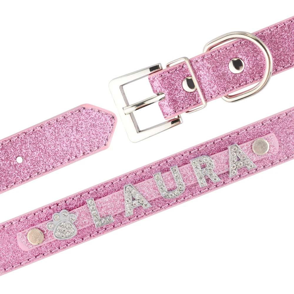 Personalized Rhinestone Bling Charm Leather Collar for Dog