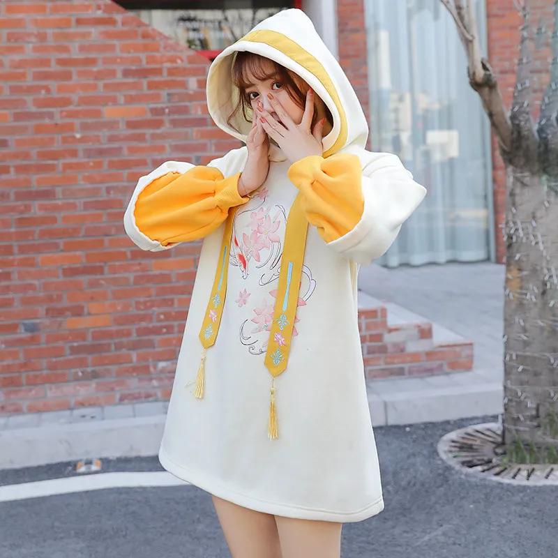 Lychee Harajuku Lucky Koi Женские флисовые толстовки с кисточками в стиле пэчворк Женская Спортивная толстовка с капюшоном хлопковые зимние женские пуловеры