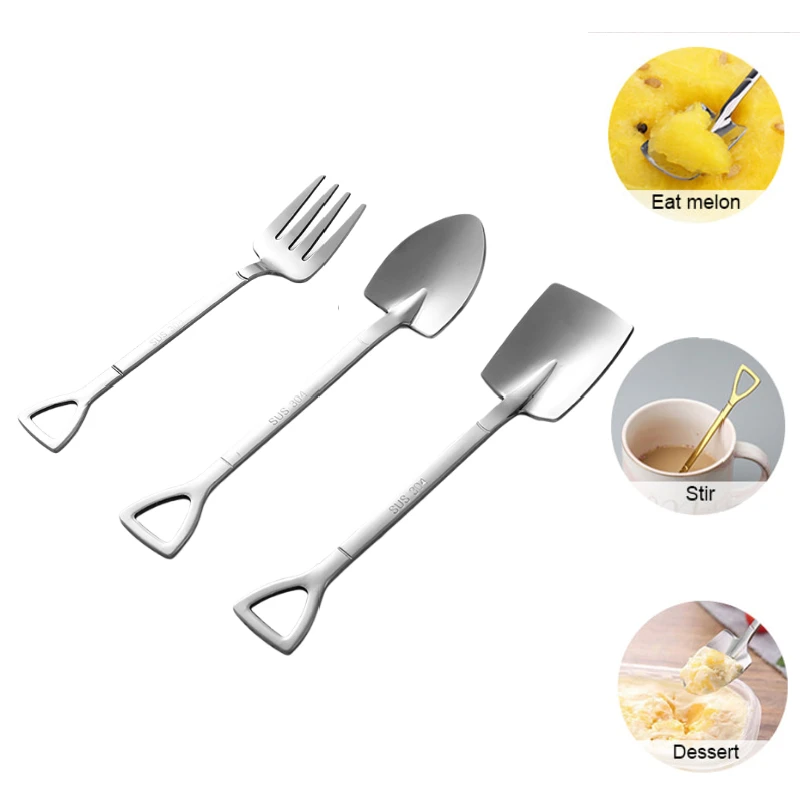 

3pcs Retro shovel coffee spoon and Fork Ice cream Metal spoon Bar stainless steel dessert Spoons Set Party Gift Funny Talbware