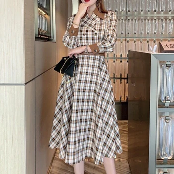 

Autumn Print Plaid Long Sleeve Double Breasted Elegant Temperament Slim Fit V-Neck Dress Women'S Clothing High Quality New