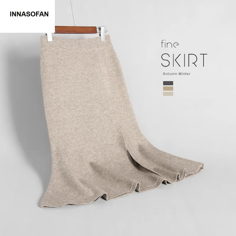 

INNASOFAN Knitted Skirt Women Autumn Winter High Waist Skirt Fashion High-end Chic Solid Color Skirt with Fishtail Flounces