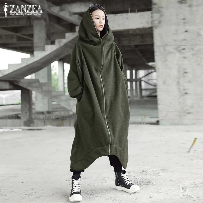 Зимний женский с капюшоном пальто куртки ZANZEA женский длинный рукав на молнии Длинные куртки негабаритные парки, верхняя одежда ветровки S-5XL - Цвет: Армейский зеленый