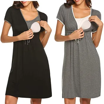 

2019 summer Pregnant women breastfeeding dress Fashion solid color stitching multi-functional mother short-sleeved dress