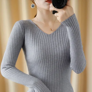 

2020 new autumn women tops Slim-fit V-neck pullover long-sleeved sweater tight-fitting bottoming knit sweater