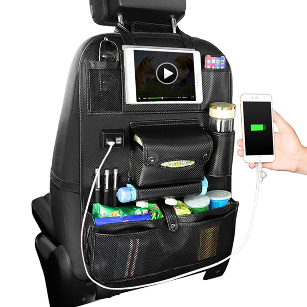 

4 Usb Charge Universal PU Leather Quality Car Seat Back Storage Bag Foldable Organizer Multi Pockets Tablets Holder For Toyota