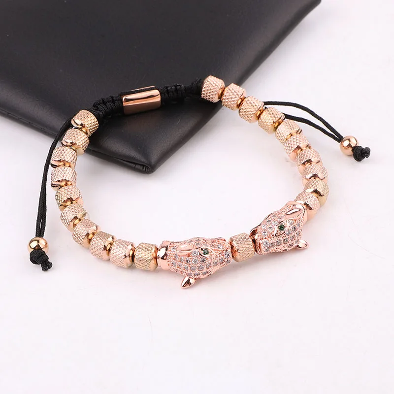 New Design Stainless Steel Beads CZ Pave Leopard Charm Friendship Macrame Adjustable Bracelet For Men