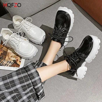 

HQFZO Women Lace Up Platform Thick Bottom Casual Sneaker Patent Leather Female Sneakers Vulcanize 2020 High Heels Mujer