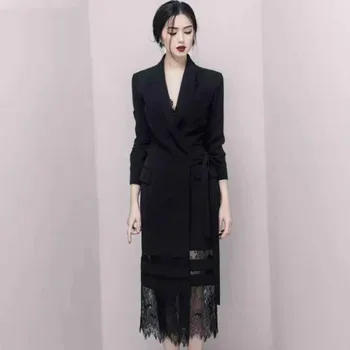 

Autumn Black Office Cloth Lace Patchwork Long Sleeve Notched One-Piece Casual Long Blazer Dress