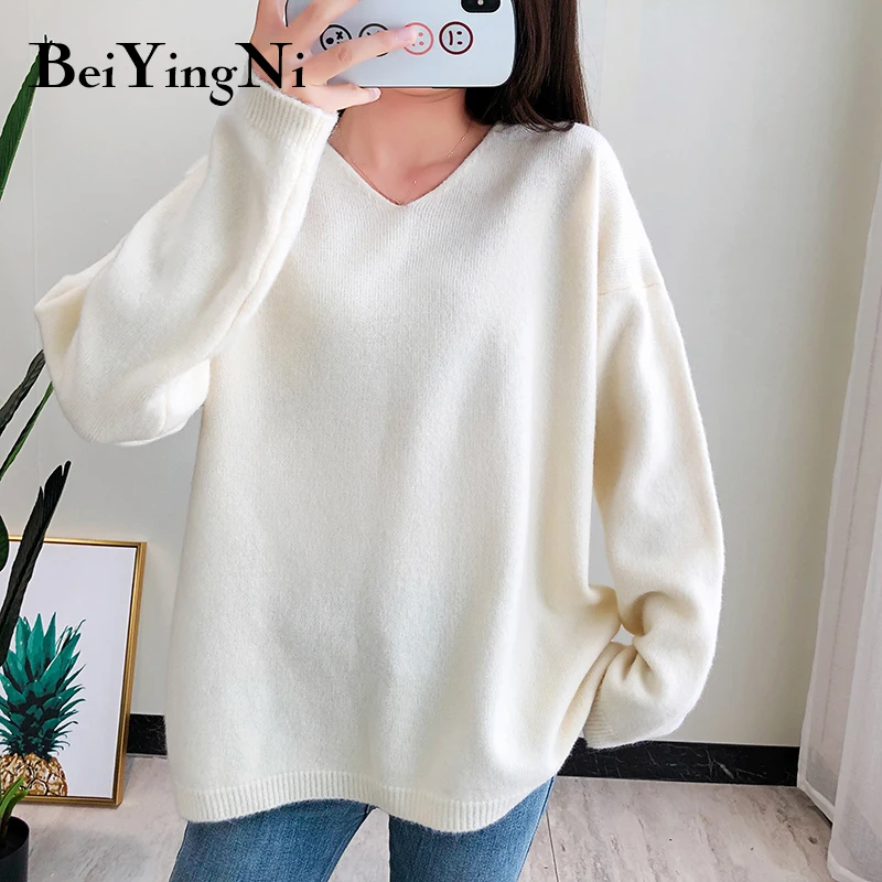 

Beiyingni Sweater Female Pullover Knitted V-neck Sweater Women Solid Cashmere Tricot Jersey Pull Femme Autumn Winter Jumper Lady