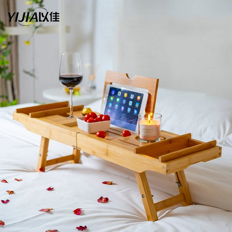 

Bathtub with feet retractable multifunctional shelf bamboo bathtub stand bed desk