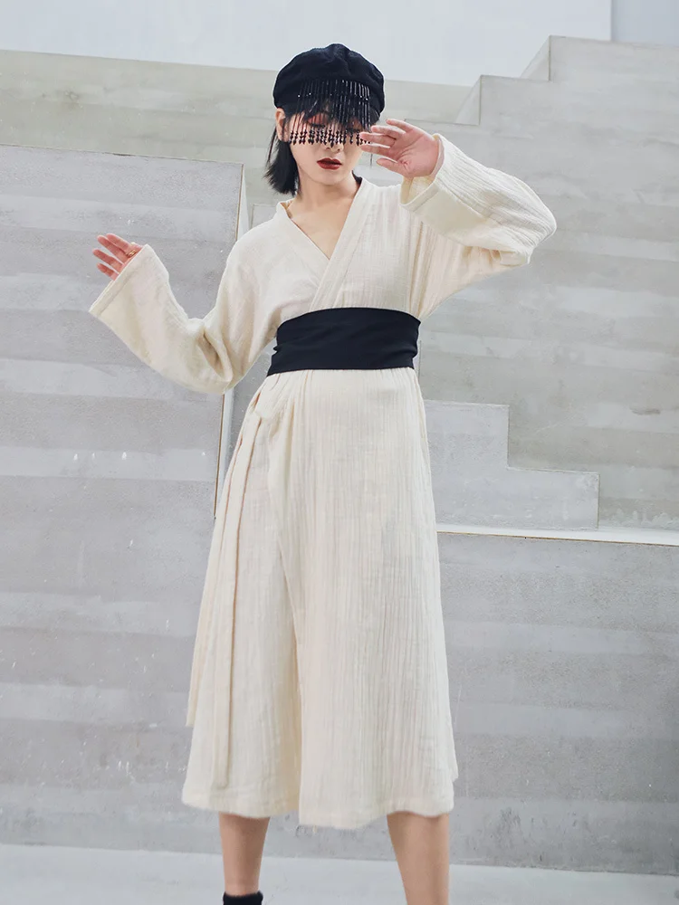 [LANMREM] весеннее Новое модное платье с v-образным вырезом и поясом+ верхняя одежда из хлопка и льна на бретелях Hanfu, комплект из трех предметов для женщин PA198