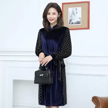 

Autumn and winter new velvet splicing stand collar long sleeve Mongolian Ethnic flavor woman casual special Bottoming dress robe