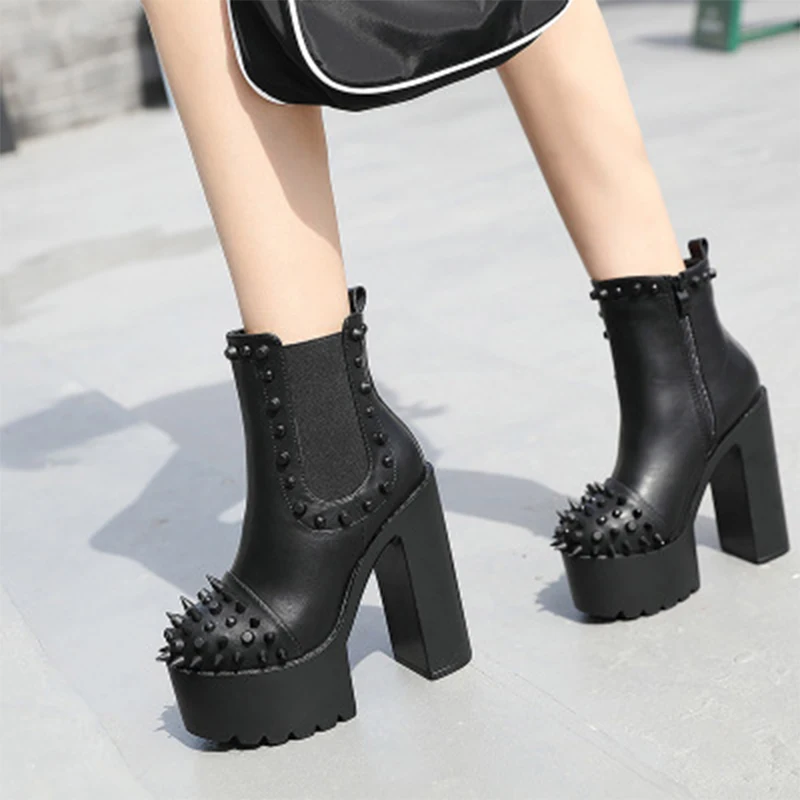 Women Ankle Chelsea Boots Elastic Band 2020 Square Heels Autumn High Heels Platform Slip On Classic Leather Shoes Woman Footwear